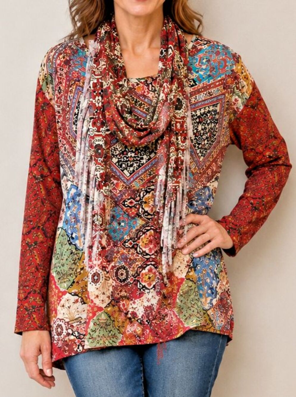 Hannah size XL multicolor long sleeve tunic, detachable scarf, fringe